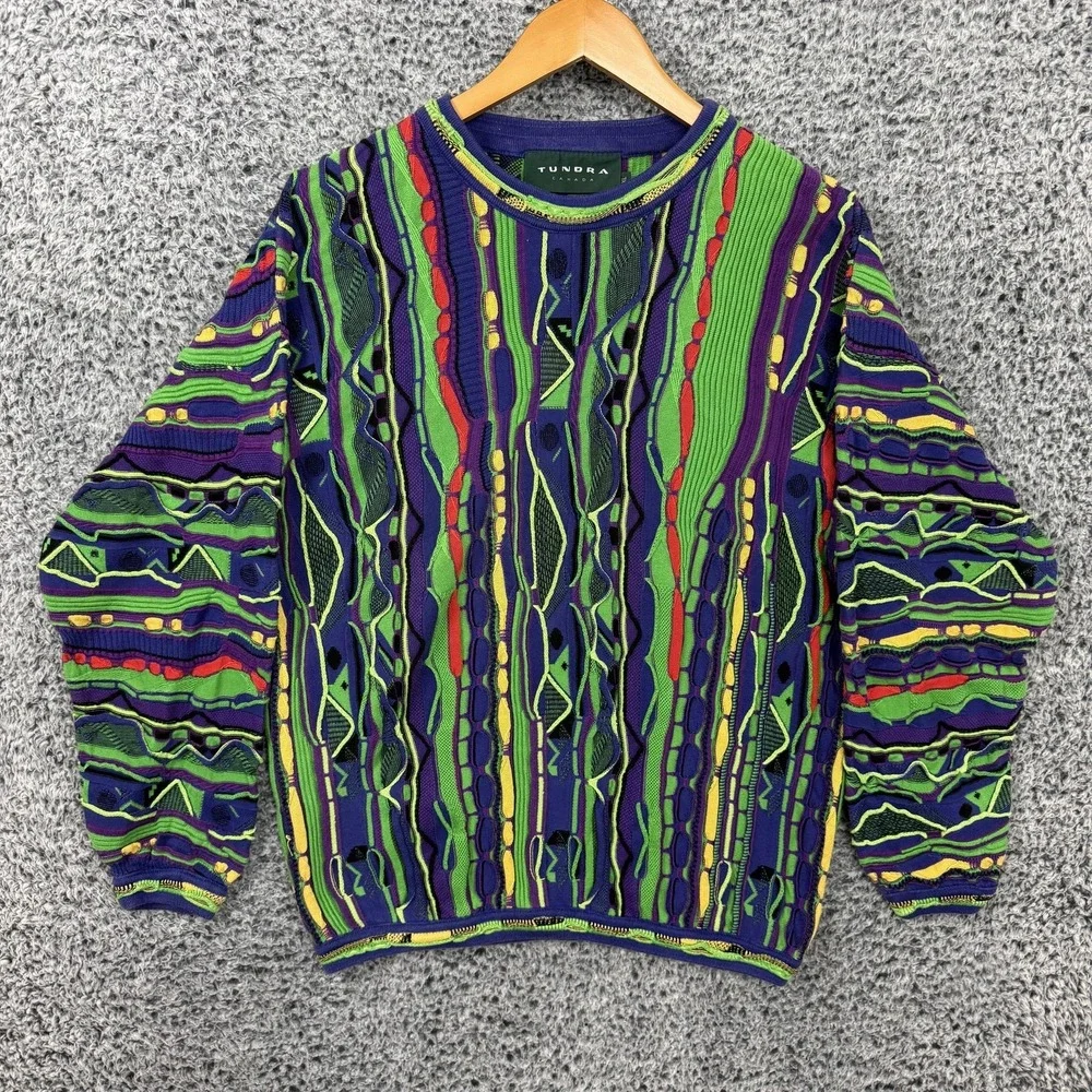Vintage Tundra Sweater Mens XL 3D Knit Coogi Style Canada Colorful 90s